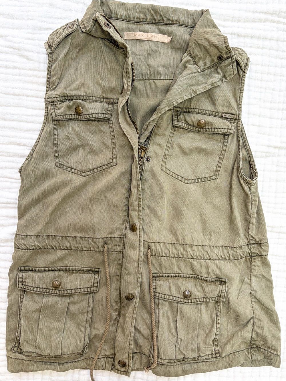 Max Jeans Utility Cargo Vest Olive Green Tencel Safari Vest Small